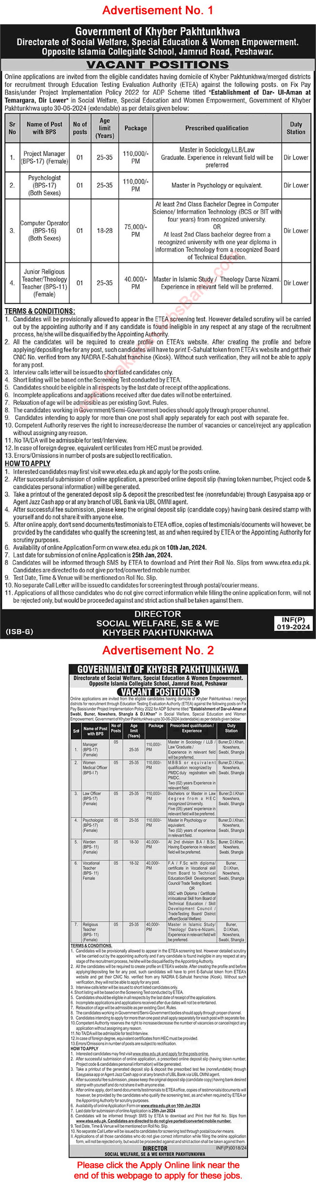 Social Welfare Department KPK Jobs 2024 ETEA Online Apply Religious Teachers & Others Latest