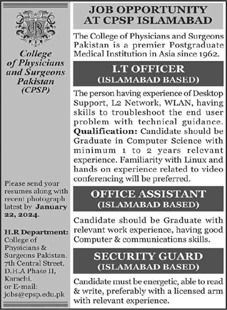 CPSP Islamabad Jobs 2024 College of Physicians and Surgeons Pakistan Latest