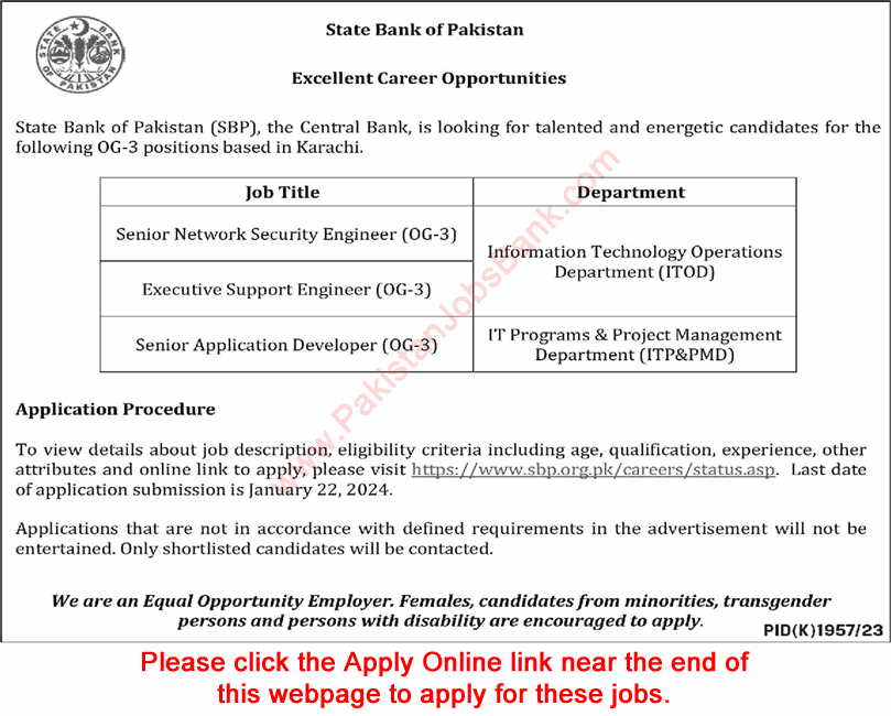IT Jobs in State Bank of Pakistan (SBP) Karachi 2024 Online Apply Latest