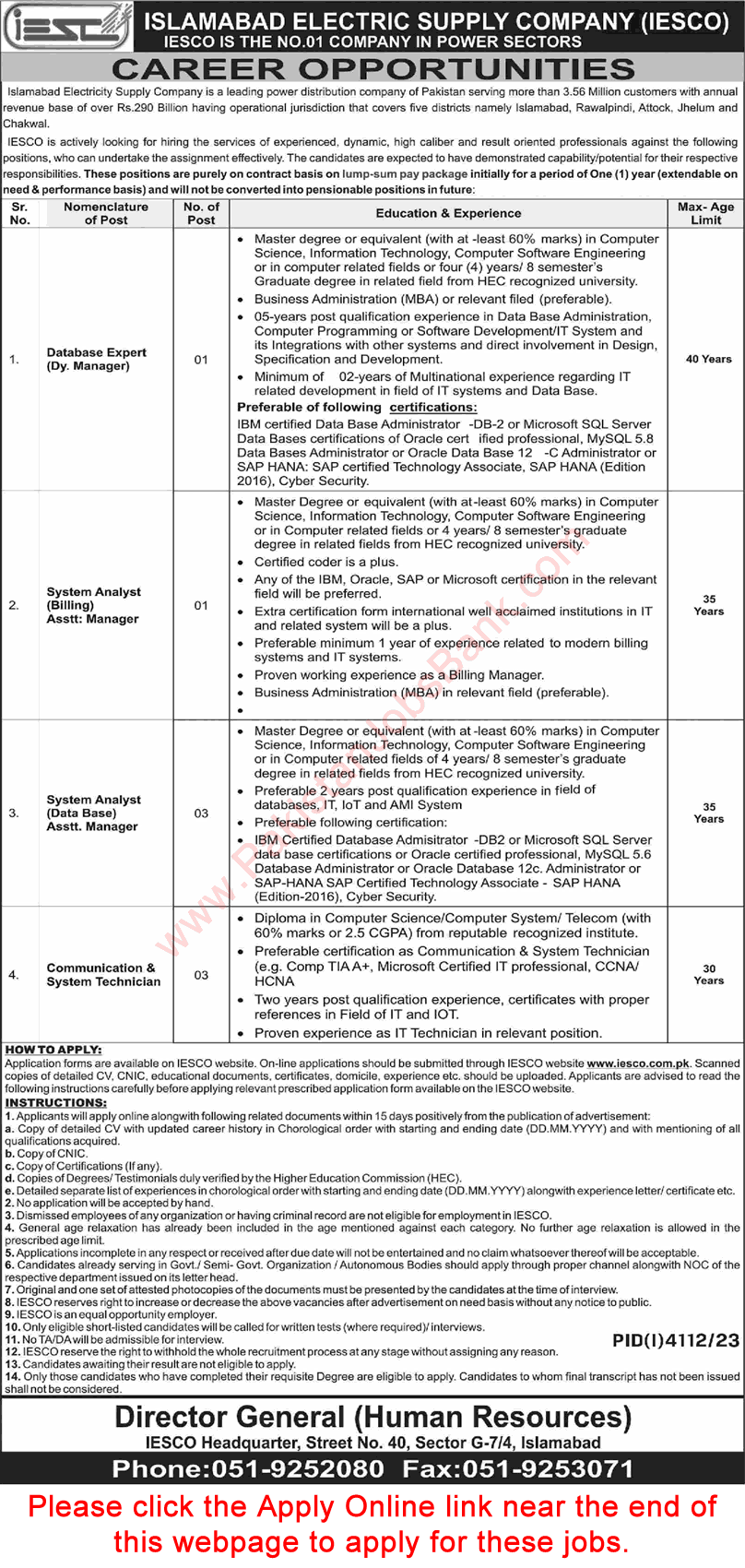 IT Jobs in IESCO 2024 Islamabad Electric Supply Company Online Apply Latest