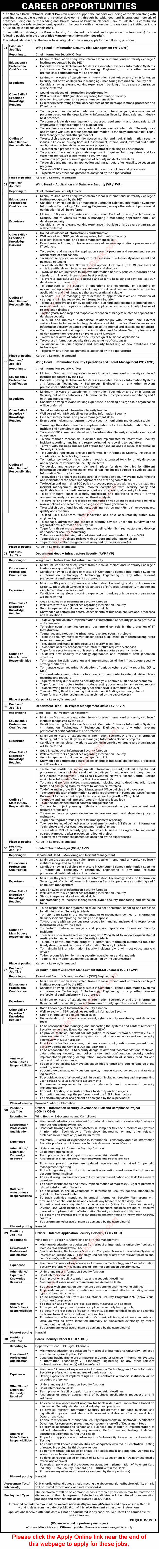 IT & Information Security Jobs in National Bank of Pakistan (NBP) 2024 Online Apply Latest