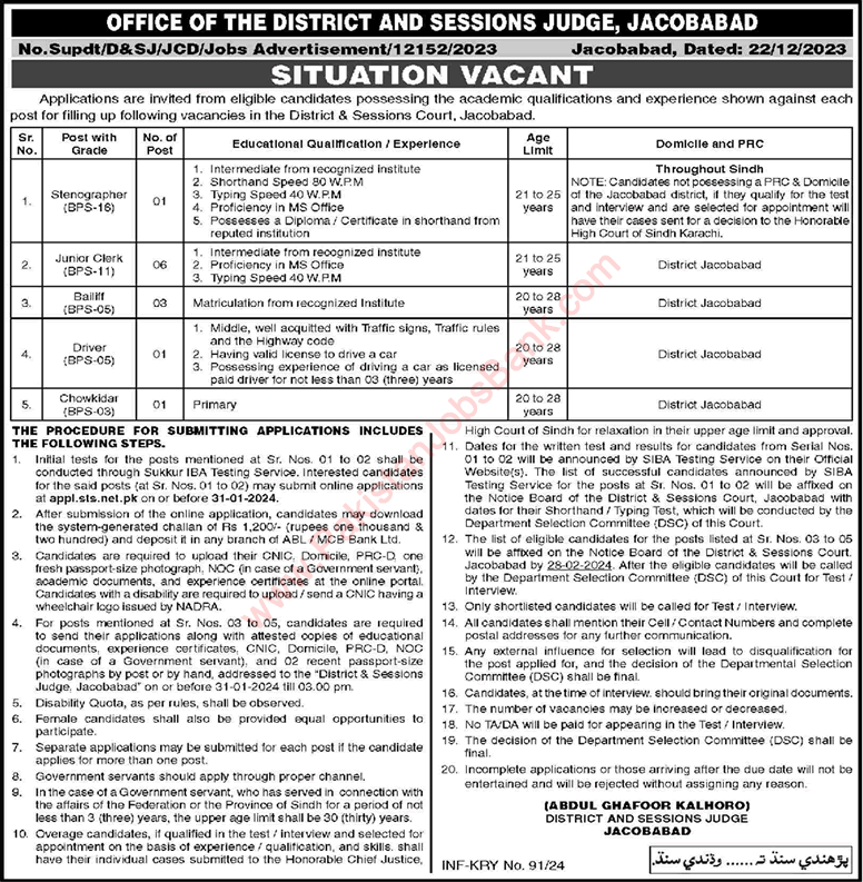 District and Sessions Court Jacobabad Jobs 2024 Clerks, Stenographers & Others Latest
