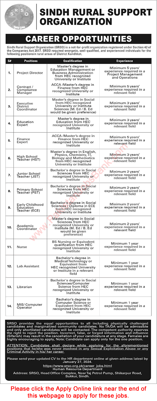 Sindh Rural Support Organization Kandhkot Jobs 2024 Apply Online SRSO Online Apply Teachers & Others Latest