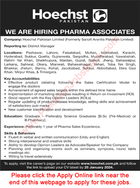 Pharma Associate Jobs in Hoechst Pakistan 2024 Apply Online Sanofi Aventis Pakistan Limited Latest