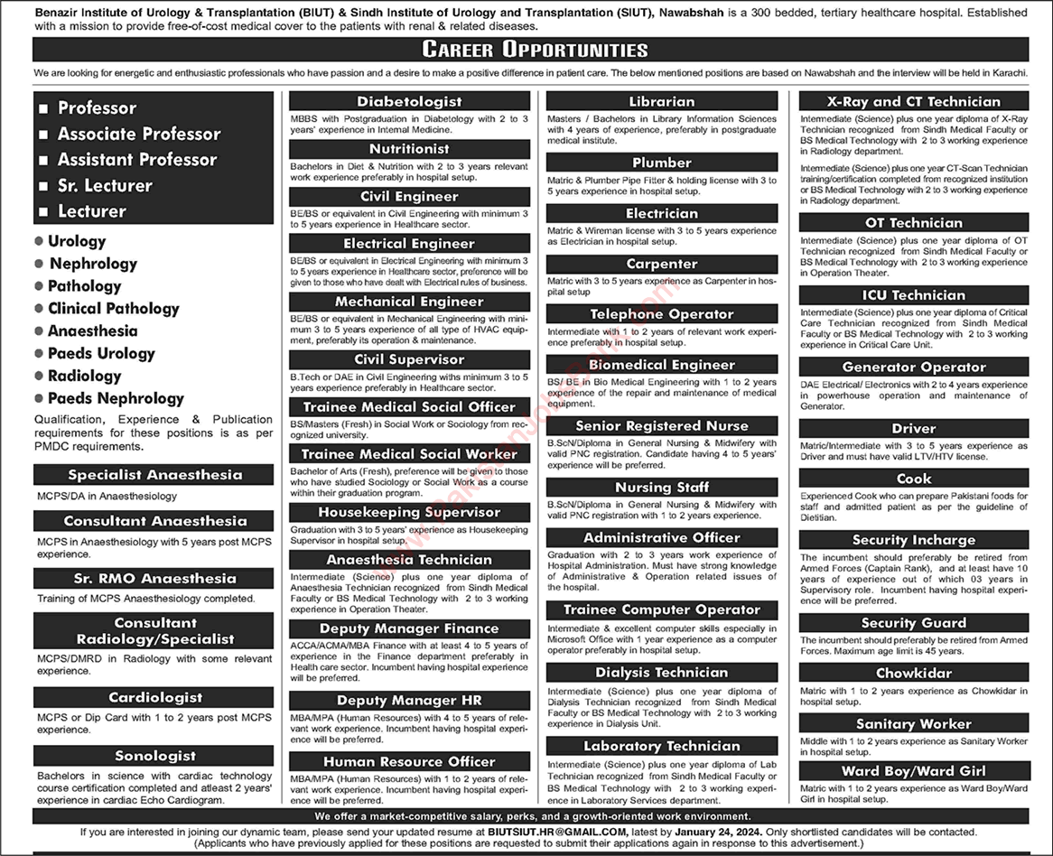 Sindh Institute of Urology and Transplantation Nawabshah Jobs 2024 Teaching Faculty & Others SIUT BIUT Latest