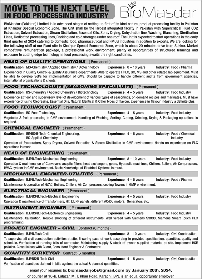 BioMasdar Pakistan Limited Jobs 2024 Engineers, Technologists & Others Latest