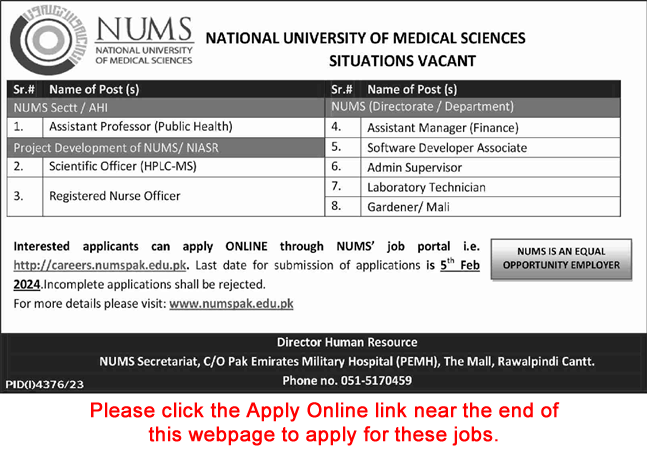 NUMS University Rawalpindi Jobs 2024 Apply Online National University of Medical Sciences Latest