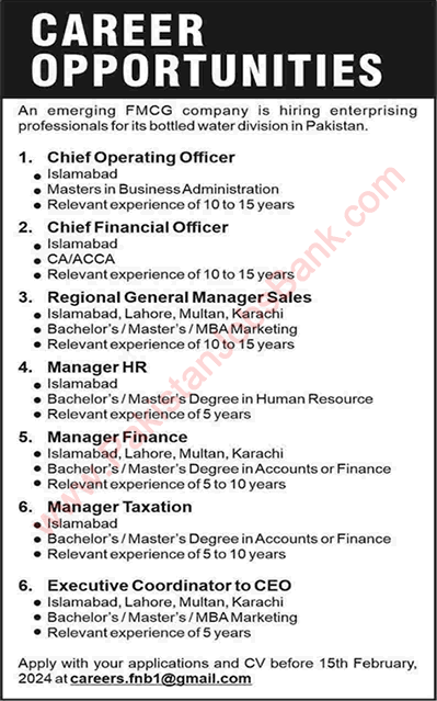 Bottled Water Company Pakistan Jobs 2024 FMCG Latest Islamabad / Lahore / Multan / Karachi