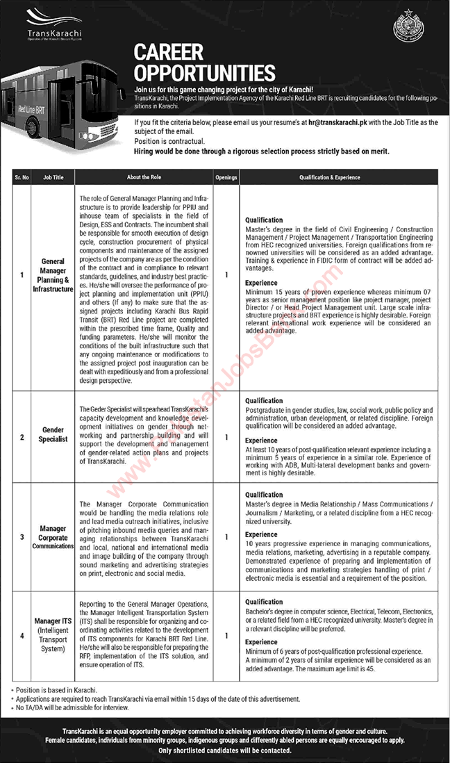 TransKarachi Jobs 2024 Online Apply Karachi Red Line BRT Project Latest