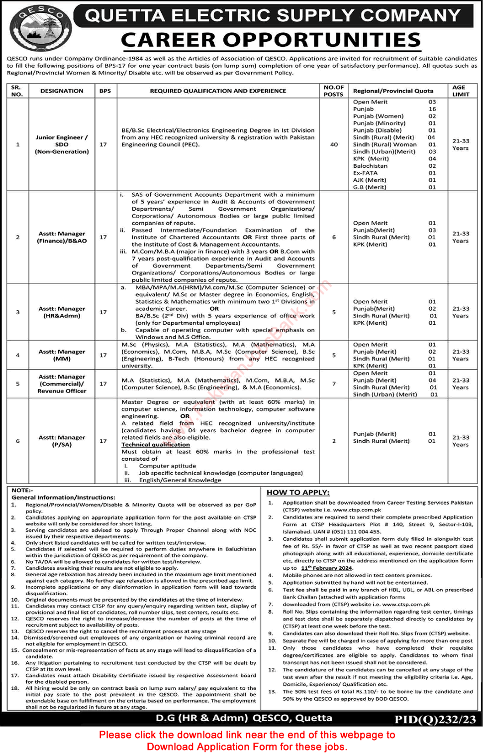 QESCO Jobs 2024 CTSP Application Form Quetta Electric Supply Company WAPDA Latest