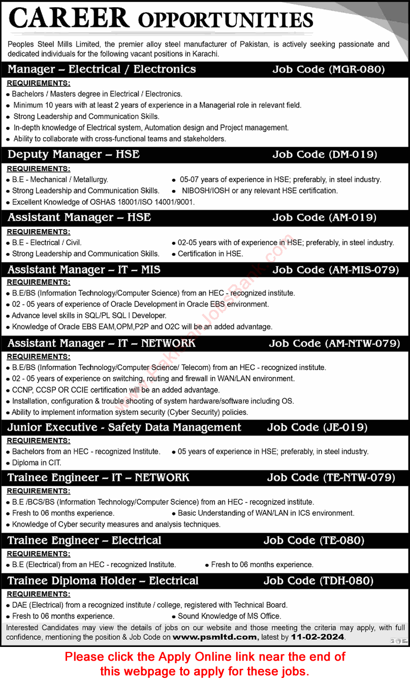 Peoples Steel Mills Karachi Jobs 2024 PSM Online Apply Trainee Engineers & Managers Latest