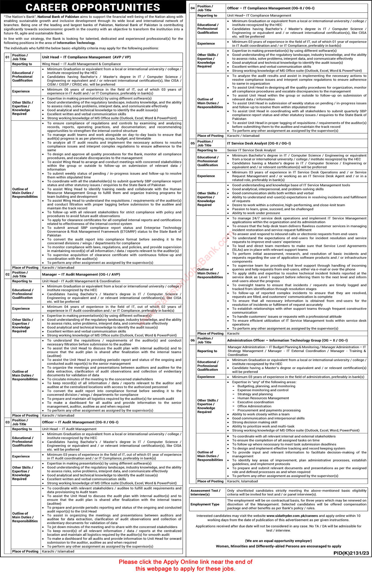 NBP Jobs 2024 January Online Apply National Bank of Pakistan IT Officers & Others Latest