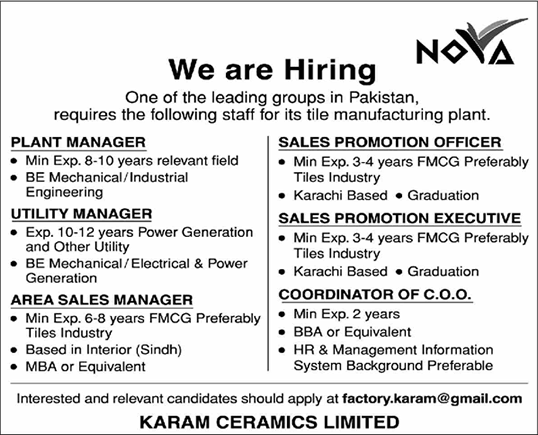 Karam Ceramics Factory Karachi Jobs 2024 NOVA Sales Manager, Officer & Others Latest