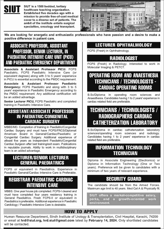 SIUT Hospital Karachi Jobs February 2024 Teaching Faculty & Others Sindh Institute of Urology and Transplantation Latest