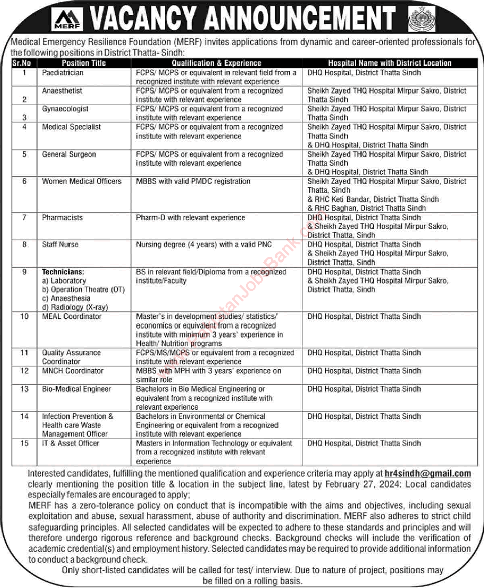 MERF Sindh Jobs February 2024 Thatta Medical Emergency Resilience Foundation Latest