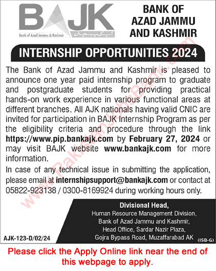 Bank of AJK Internship Program February 2024 Apply Online BAJK Latest