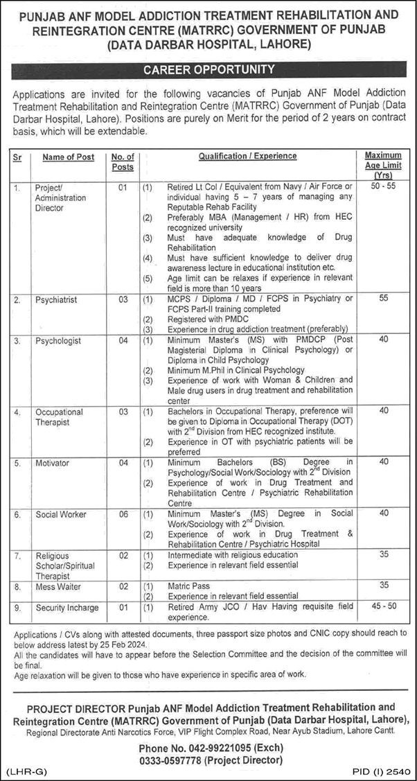 Data Darbar Hospital Lahore Jobs 2024 February Punjab ANF Model Addiction Treatment Rehabilitation and Reintegration Centre (MATRRC) Latest