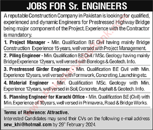 Construction Company Jobs in Pakistan February 2024 Civil Engineers & Others Latest