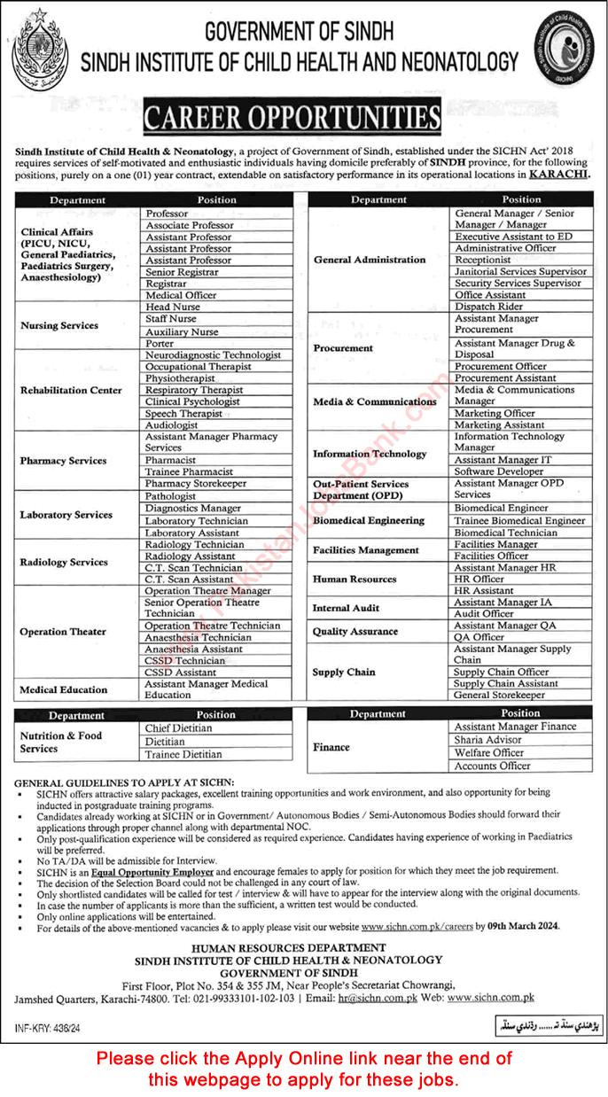 Sindh Institute of Child Health and Neonatology Karachi Jobs 2024 February Apply Online Medical Officers & Others Latest