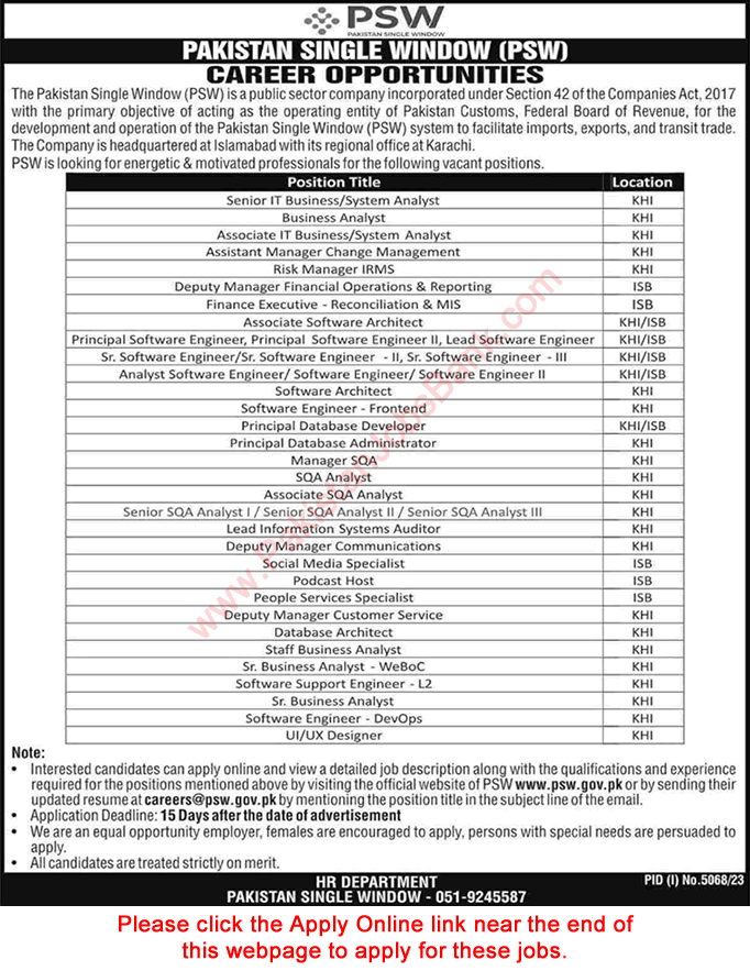 PSW Jobs February 2024 Pakistan Single Window Apply Online Karachi / Islamabad IT & Other Staff Latest