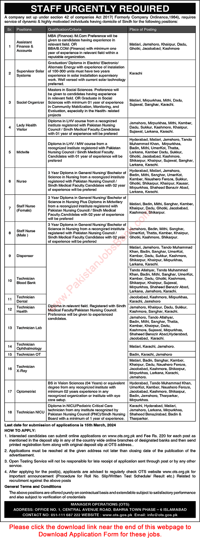 Health Department Sindh Jobs March 2024 OTS Application Form Medical Technicians, Midwifes, Nurses & Others Latest
