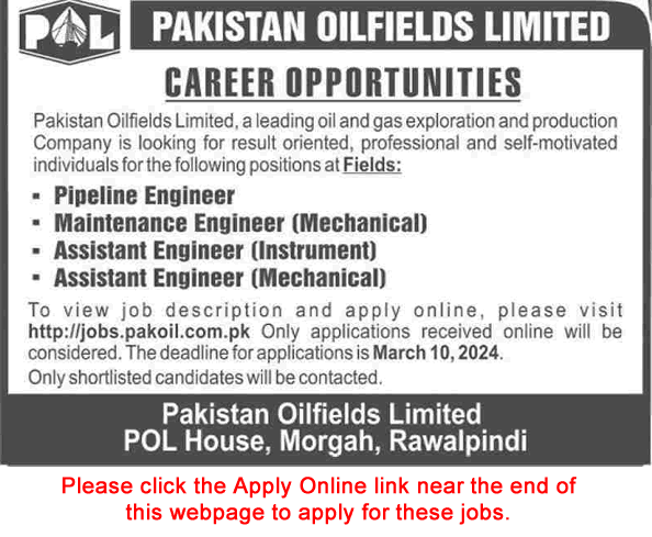 Pakistan Oilfields Limited Jobs March 2024 POL Apply Online Mechanical Engineer & Others Latest