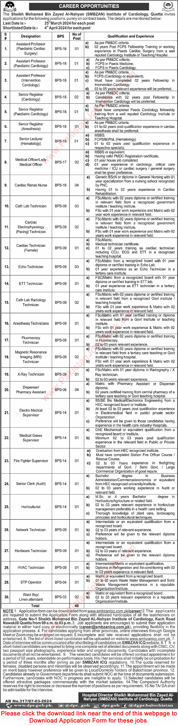 SMBZAN Institute of Cardiology Quetta Jobs March 2024 Sheikh Mohamed Bin Zayed Al-Nahyan