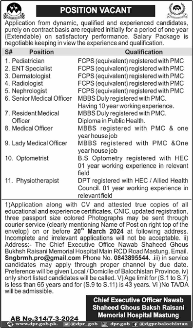 Shaheed Nawab Ghous Bakhsh Raisani Memorial Hospital Mastung Jobs March 2024 SNGBRMH Latest