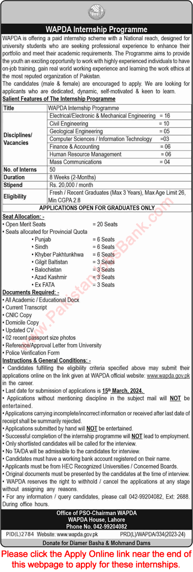 WAPDA Internships 2024 March Apply Online Water and Power Development Authority Jobs Latest