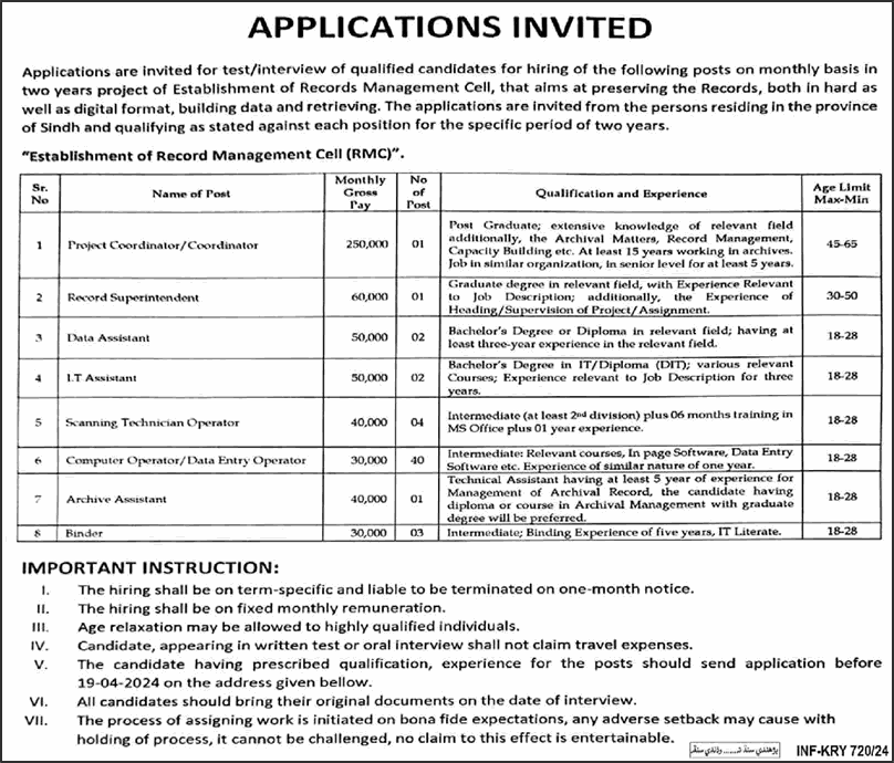 Records Management Cell Jobs March 2024 RMC Government of Sindh Latest