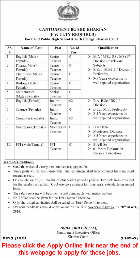 Teaching Jobs in Kharian March 2024 Cantt Public High School & Girls College Latest