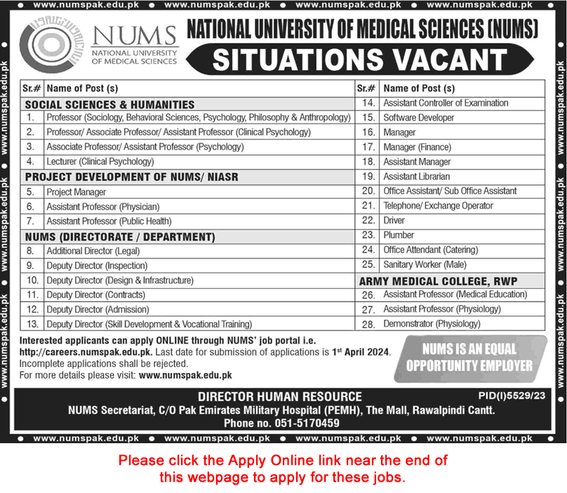 NUMS University Rawalpindi Jobs March 2024 Apply Online Teaching Faculty & Others Latest