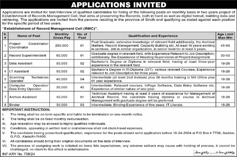 Government of Sindh Records Management Cell (RMC) Jobs March 2024 Latest