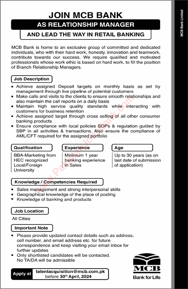 Relationship Manager Jobs in MCB Bank March 2024 April Latest Advertisement