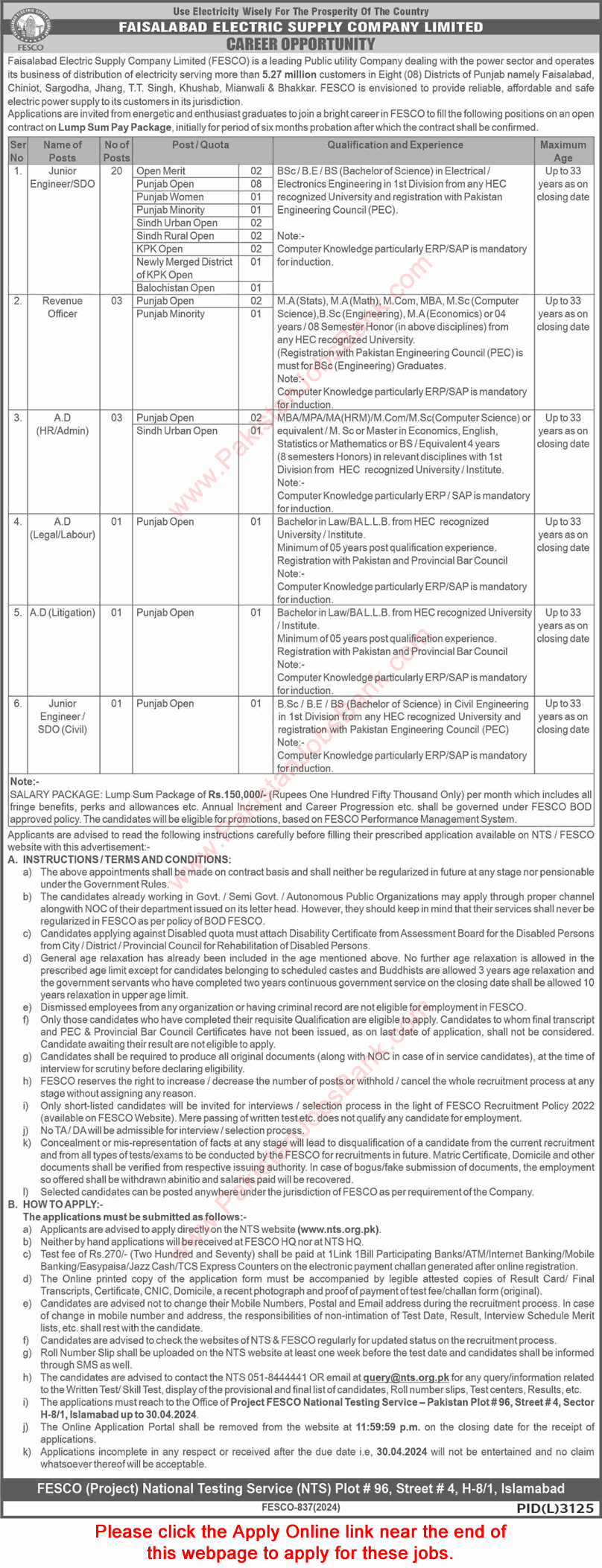 FESCO Jobs 2024 April WAPDA NTS Apply Online Junior Engineers / SDO & Others Latest