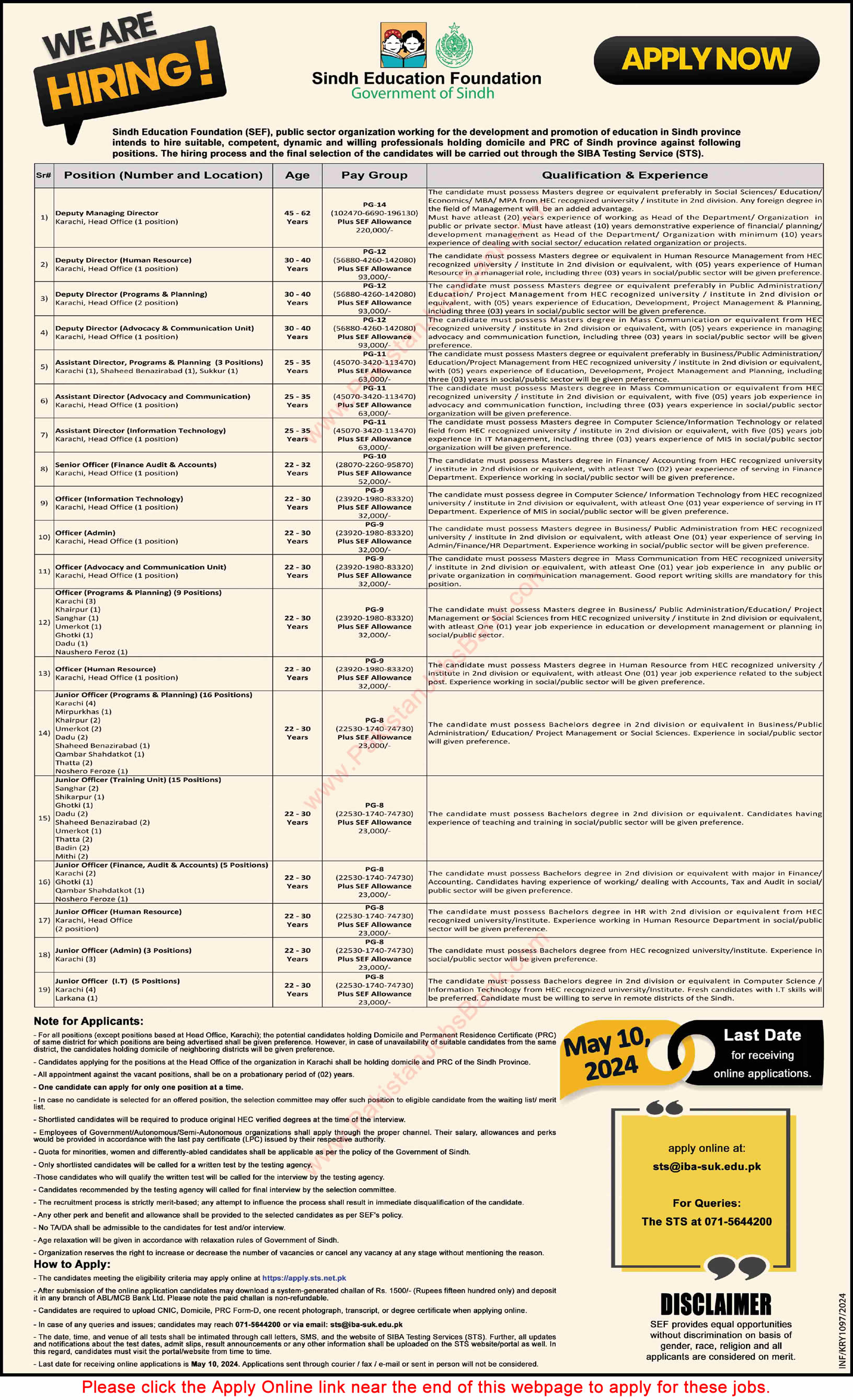 Sindh Education Foundation Jobs 2024 April SEF STS Apply Online Latest