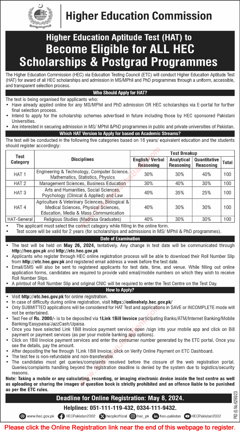 HEC Scholarships Aptitude Test 2024 April Apply Online for MS / MPhil / PhD Programmes HAT Latest