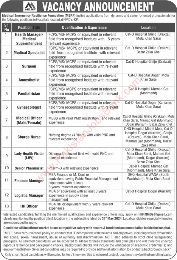 MERF KPK Jobs April 2024 NMD / Ex-FATA Hospitals Latest