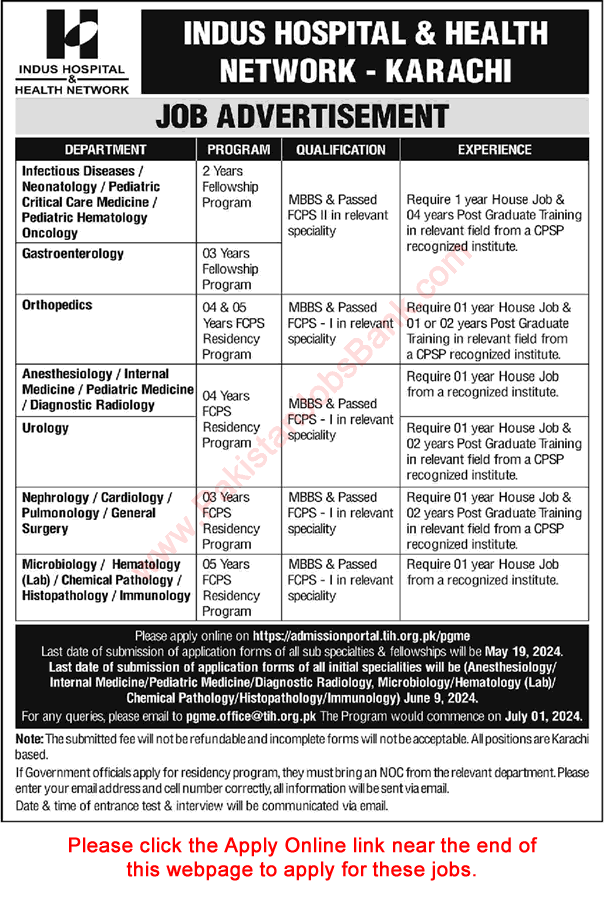 Indus Hospital Karachi FCPS Fellowship / Residency Program 2024 April / May Apply Online Latest