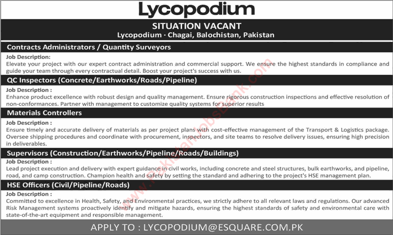 Lycopodium Chagai Jobs 2024 May Balochistan QC Inspectors, Supervisors & Others Latest
