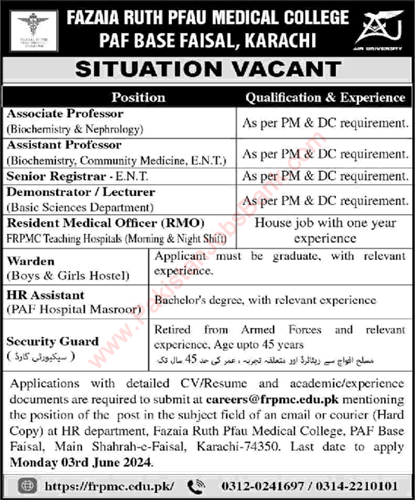 Fazaia Ruth PFAU Medical College Karachi Jobs May 2024 Teaching Faculty, Medical Officers & Others PAF Latest