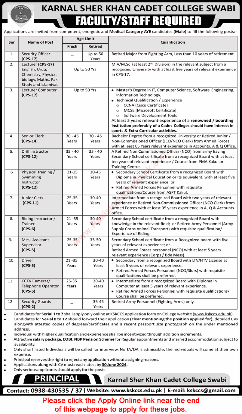 Karnal Sher Khan Cadet College Swabi Jobs June 2024 Apply Online Lecturers & Others Latest