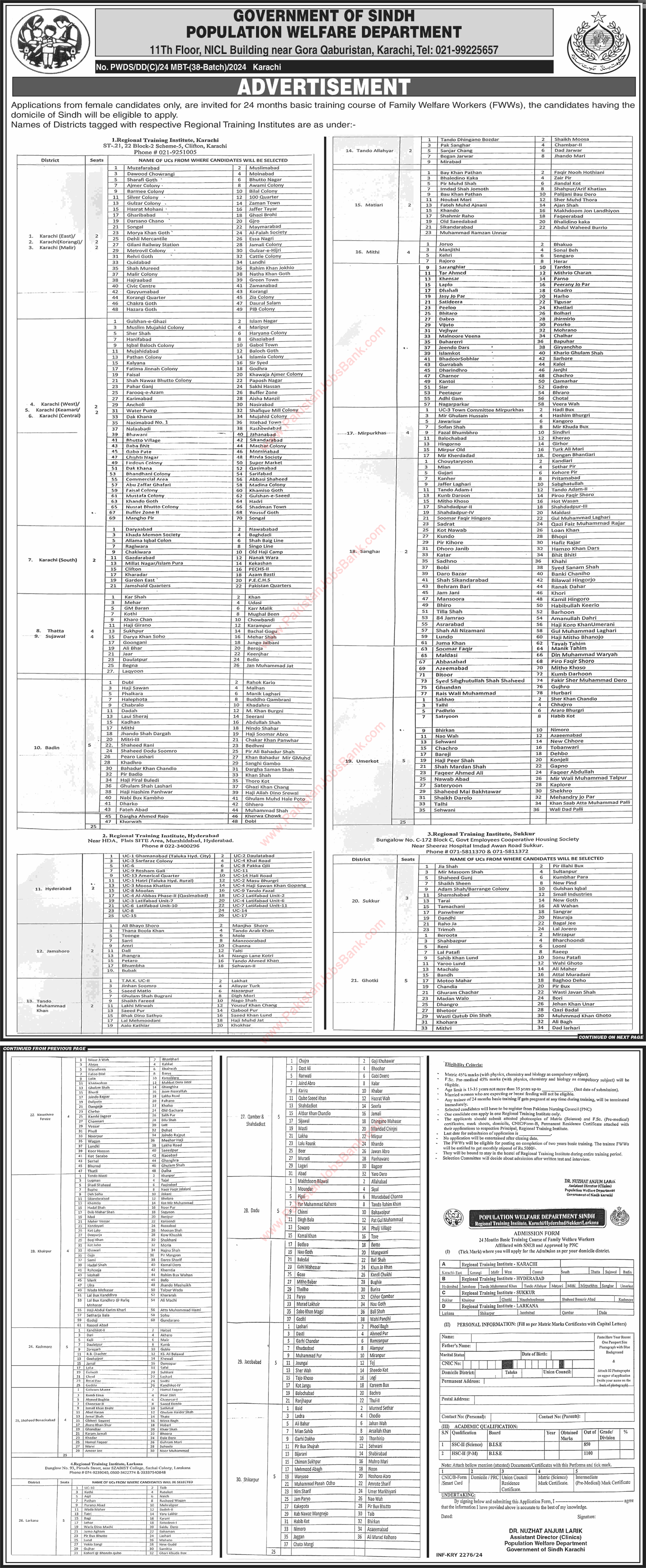 Family Welfare Worker Free Courses in Sindh Population Welfare Department 2024 July Application Form FWW Latest