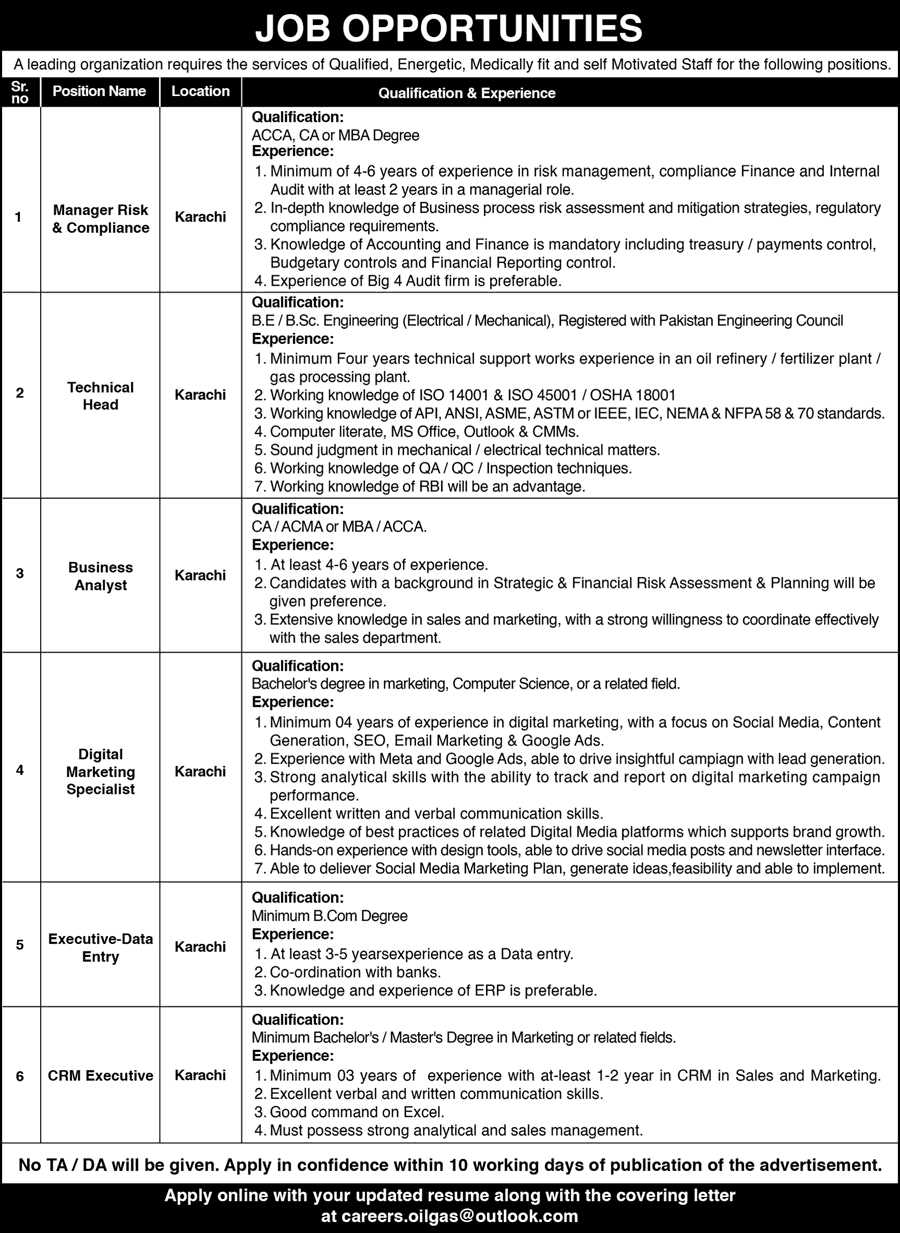 Oil and Gas Company Jobs in Karachi 2024 July Data Entry Executive, Digital Marketing Specialist & Others Latest