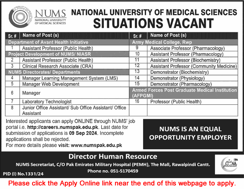 NUMS University Rawalpindi Jobs August 2024 September Apply Online Teaching Faculty & Others Latest