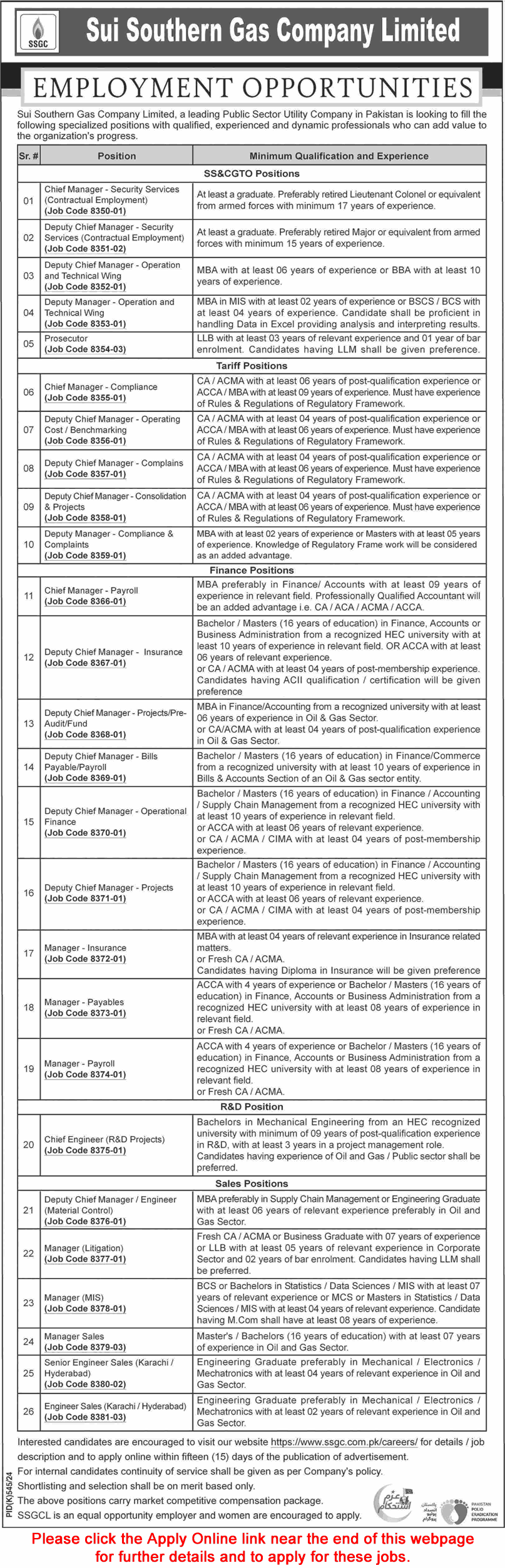SSGC Jobs August 2024 September Apply Online Sui Southern Gas Company Limited Latest