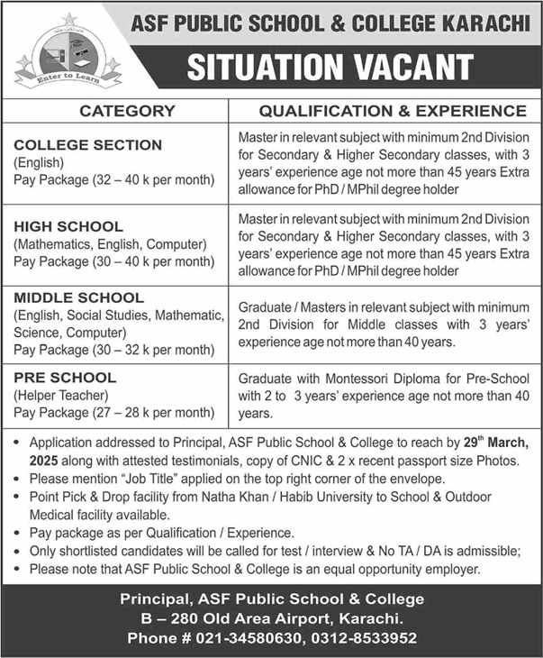 ASF Public School and College Karachi Jobs March 2025 Teaching Faculty Latest