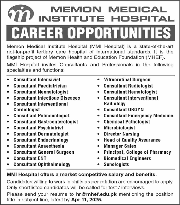 Memon Medical Institute Hospital Karachi Jobs 2025 March / April Medical Consultants & Others MMI Latest