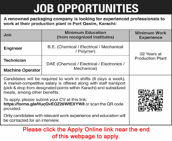 Packaging Company Jobs in Karachi April 2025 Apply Online Engineers, Technicians & Machine Operator Latest