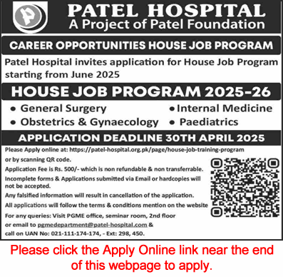 Patel Hospital Karachi House Job Training 2025 April Apply Online for Fresh Medical Graduates Latest
